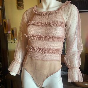 Ladies beige nude pinkish tulle ruffle lace bodysuit coquette Victorian blouse